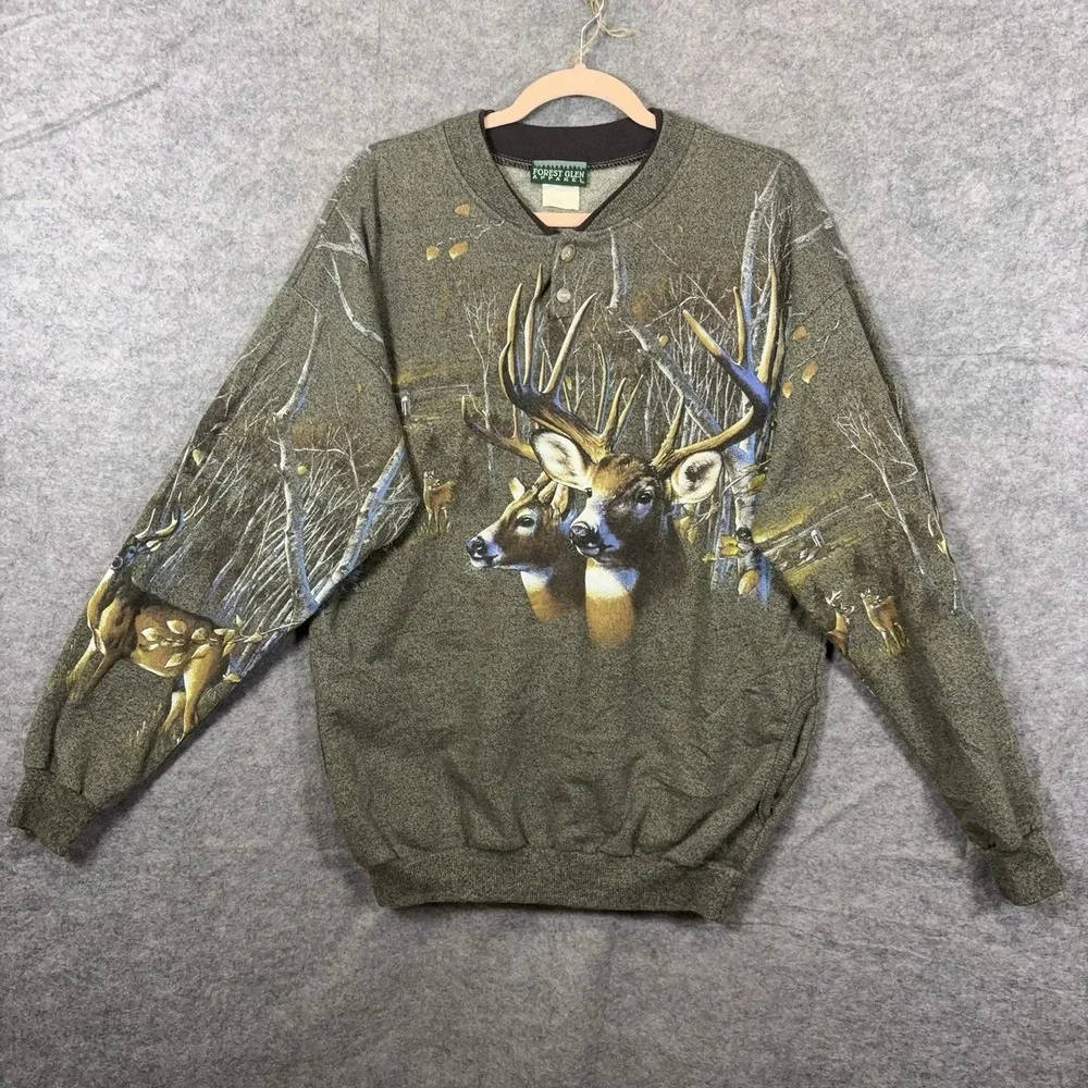 Forest Glen Apparel Henley Sweater Mens Sz L Green Deer Print USA VTG